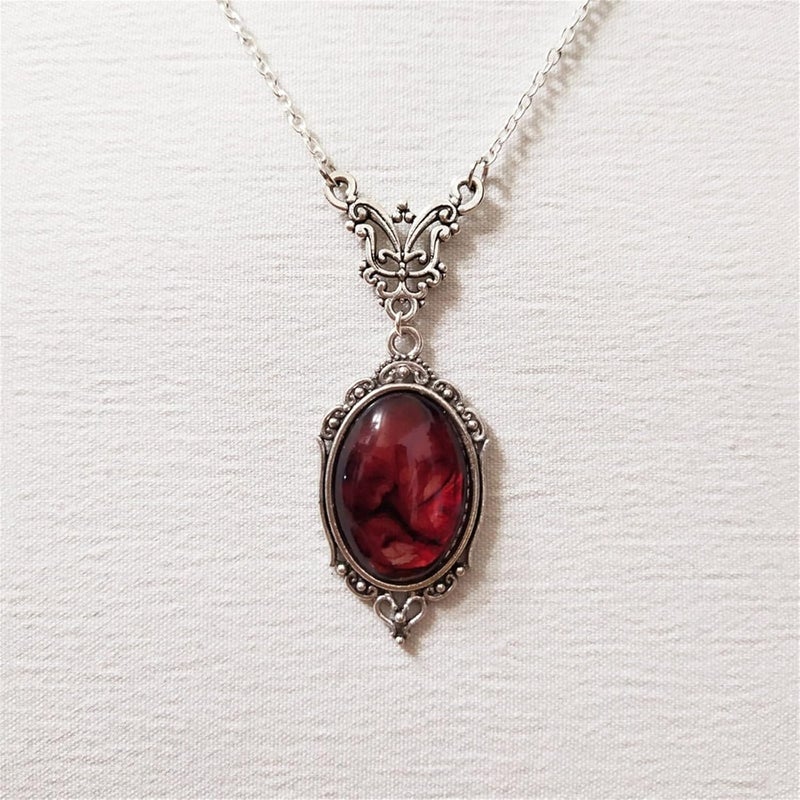 IS4U Gothic Vampire Necklace Vintage Stardust Crystal Cameo Pendant Necklace Punk Style Vampire Pendant Oval Necklace Satanic Demon Red Pendant Necklace Jewelry - Image 5